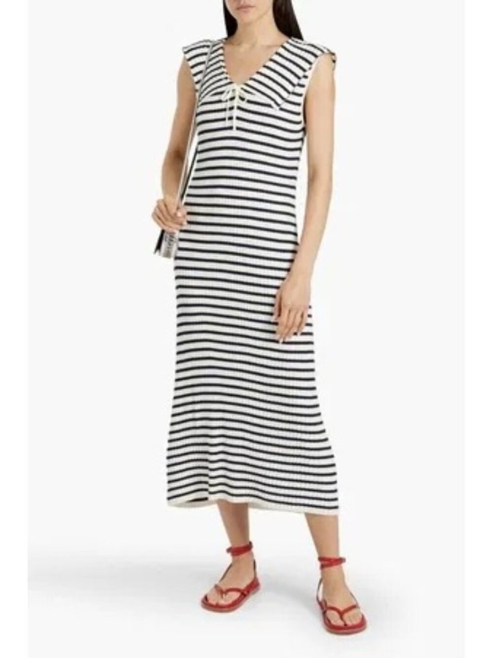 RIXO Antibes Striped Ribbed-Knit Midi Dress Blue /White Size Large NWT